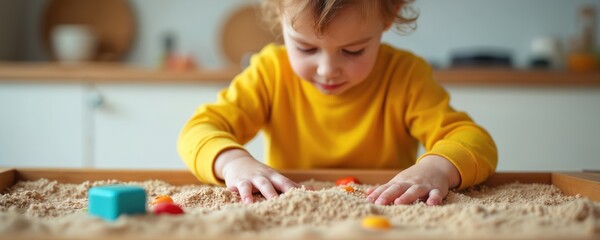 Child plays with sand in therapy. Little boy explores emotions through creative sand tray activity. Focused kid uses toys. Mental health pro helps at session.