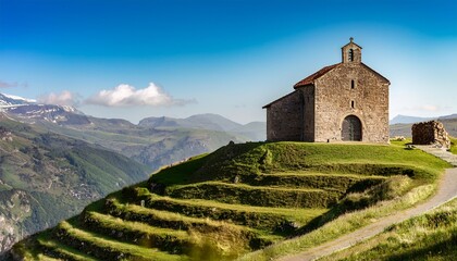 ancient stone church on a terraced hilltop