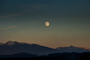 Large Moon Above Kriváň and the Western Tatras at Sunset