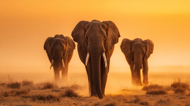 Elephant herd in golden dust at sunrise on African savanna, majestic wildlife and conservation scene.