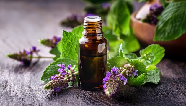 patchouli essential oil in a dark glass bottle