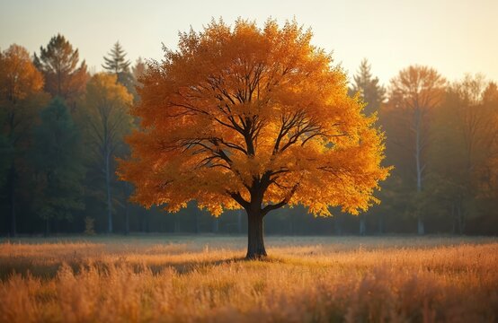 Autumn tree stands alone in a sunlit meadow with golden foliage. Tall grasses sway in the warm afternoon light. Bare branches of distant forest trees create a hazy backdrop. Peaceful nature scene. - Powered by Adobe