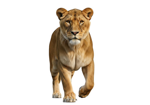 Majestic lioness walking forward, wild animal, feline predator, wildlife photography, isolated image, png, transparent background, mammal, nature, safari, zoo isolated on transparent background