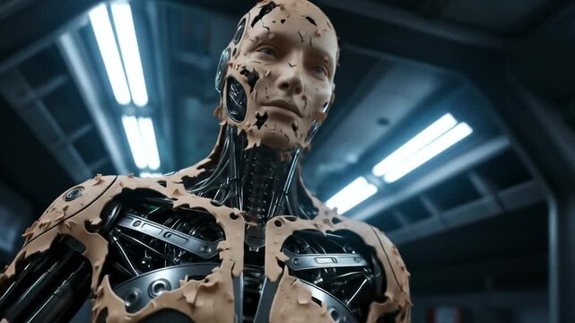 A chilling cyborg robot with exposed mechanical parts and damaged skin.