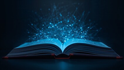 Magic Book with Glowing Network Connections Emerging from Pages