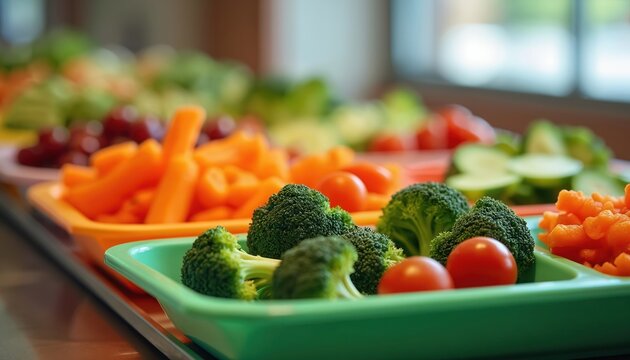 Assorted fresh vegetables and fruits served in colorful trays on a buffet counter. Healthy lunch assortment with carrots, broccoli, tomatoes, and grapes ready for students to choose from cafeteria.