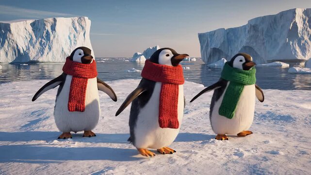 Three penguins wearing colorful scarves dancing merrily on an ice floe.