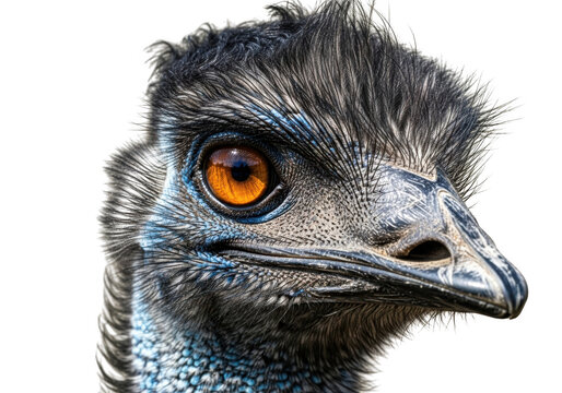 Detailed emu head close-up portrait png image, australian bird wildlife photography, ostrich relative, isolated on transparent background