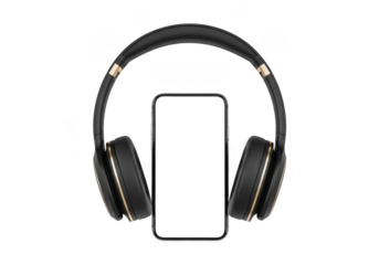 Studio headphones with gold trim and modern smartphone mockup for audio and mobile technology enthusiasts isolated on transparent background