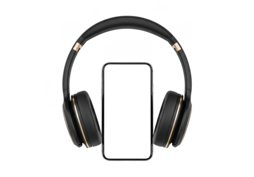 Studio headphones with gold trim and modern smartphone mockup for audio and mobile technology enthusiasts isolated on transparent background
