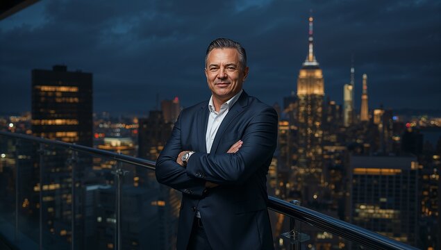 Confident Businessman Posing Against Urban Night City Skyline - Powered by Adobe