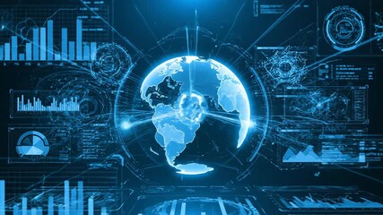Futuristic digital globe with glowing charts and data visualizations in a blue technological interface - Powered by Adobe