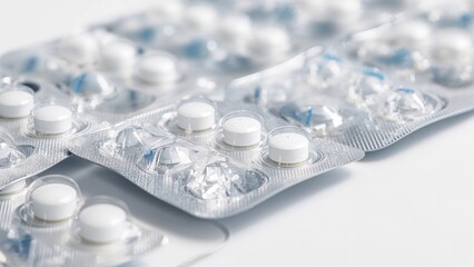 White tablets in blister packs on white background. Clean pharmaceutical backdrop for healthcare, medicine, pharmacy, treatment and drug packaging concepts with copy space.