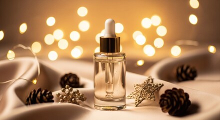Dropper Bottle on Silky Fabric with Warm Festive Lights and Pinecones
