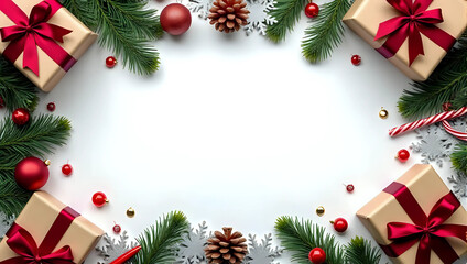 Flat lay of holiday frame : christmas tree branches, baubles, stars, pines, gift boxes present - Christmas mockup, border, template, display, greeting, space, surface, sale, promotion, advertising