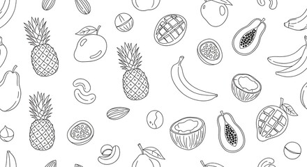 Whimsical hand-drawn fruit pattern featuring pineapples bananas and papayas