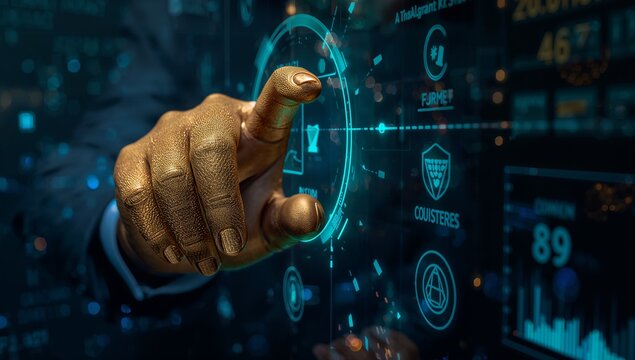 Futuristic Hand Touching Digital Interface with Data Visualization Elements