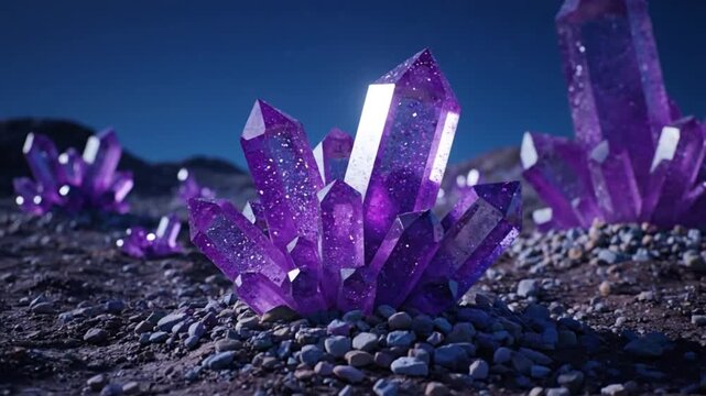 rare earth magnets glowing amethyst crystals on alien terrain