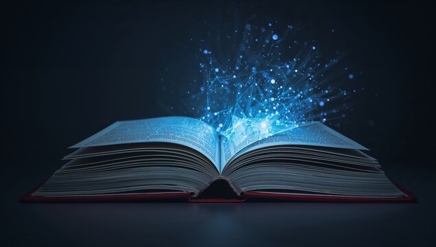 Open Book with Glowing Light and Creative Abstract Sparks - Powered by Adobe