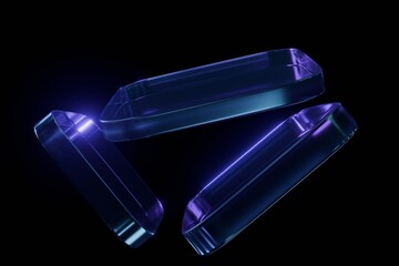Vibrant blue and purple light illuminates three translucent, geometric prisms arranged triangularly, creating a futuristic, glowing abstract against black
