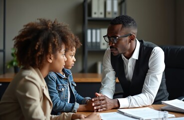 Black social worker talks with mother and child in office. Man offers help and support to family. Family meeting with adviser discusses legal or social issues.