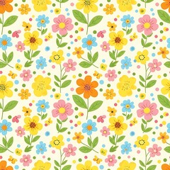 Colorful floral seamless pattern with flowers and leaves on cream background