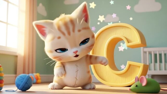 Cute 3D Cartoon Cat Animation &ndash; Alphabet C Kids Learning, C for Cat &ndash; Baby Cat Loop Animation for Children