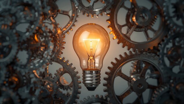 Bright Light Bulb Surrounded by Vintage Decorative Gears
