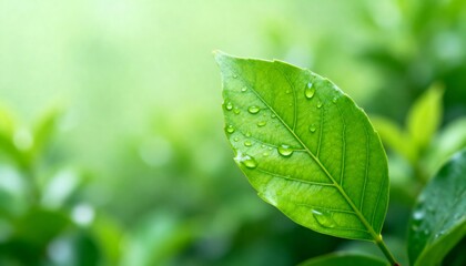 Verdant leaf glistens with fresh dewdrop detail, soft bokeh background, natural purity and growth concept