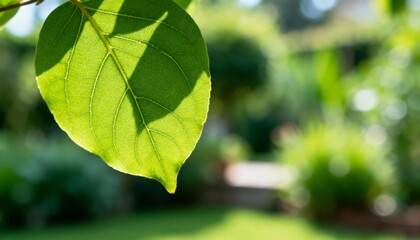 Backlit green leaf detail with soft focus garden background in bright sunlight
