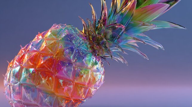 Vibrant pineapple shines in holographic neon colors against a surreal backdrop, a striking piece of concept art for modern visuals