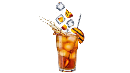 Refreshing Cold Beverage with Grilled Peach Slices, Dynamic Liquid Splash, and Clear Ice Cubes in a Tall Glass, Ideal for Summer Drink Promotions