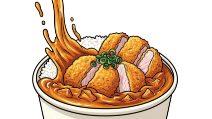 Vibrantly Illustrated Japanese Curry Rice with Crispy Tonkatsu, Showcasing a Dynamic Pour of Rich Golden Curry Sauce over the Dish, Garnished with Fresh Green Onions Use for Restaurant Menus.