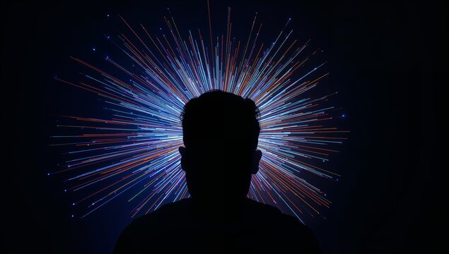 Human Silhouette with Abstract Light Trails in Dark Background