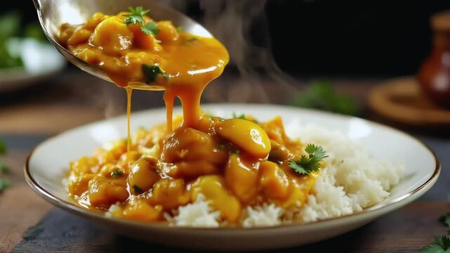 Vegetable curry being poured over rice on a plate in a closeup shot