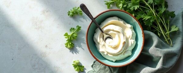 Homemade mascarpone cheese in bowl with spoon. Fresh parsley leaves on light table. Creamy dessert or meal ingredient. Cooking and food preparation with green herbs. Tasty and healthy eating bowl.