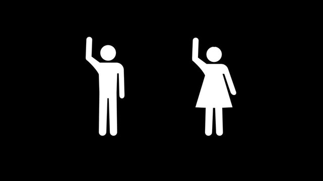Two white stick figures, one male and one female, standing with arms raised, possibly indicating interaction, presentation, or active participation in a discussion.