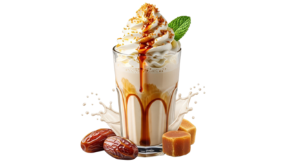 Delicious Caramel Date Smoothie Topped with Whipped Cream and Mint Leaf
