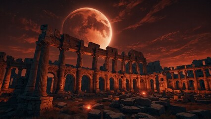Ancient Roman ruins under eclipse light