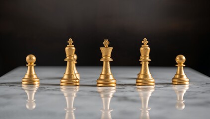 Fototapeta premium Elegant Golden Chess Pieces Arranged Beautifully on a Marble Surface