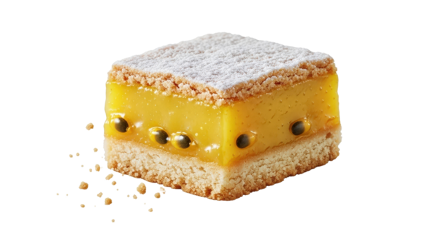 Single Square Passion Fruit Tart Slice with Powdered Sugar and Crumble Topping