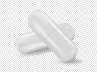 White Medical Pills or set closeup, isolated on transparent background. Capsules for Graphics, Mockup. Medical and Healthcare Concept. Vector 3d Realistic illustration