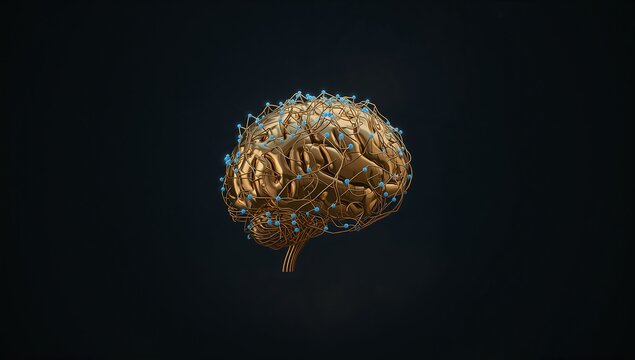 Intricate 3D Rendering of a Golden Brain with Blue Connections