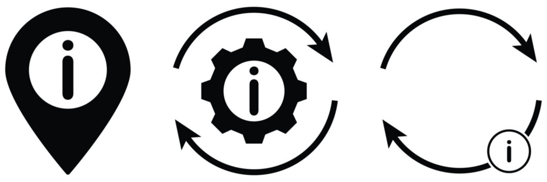 Info, Settings, and Update Icon Set. User Interface Vector Collection. information icon set. info button. info symbol flat style. Set of contact us icons. Contact and communication icons. Contact info