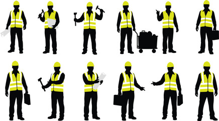Construction worker silhouette, safety vest, hard hat, tool holding pose, industrial labor, cad drawing flat vector illustration, equipment, teamwork