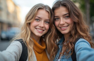 Obraz premium Two young women, a blonde and a brunette, smile widely at the camera on a city street. Their wavy hair and casual attire suggest a fun outing or shared moment, possibly taking a selfie.