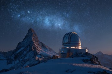 A modern observatory dome glowing softly under a night sky filled with stars.