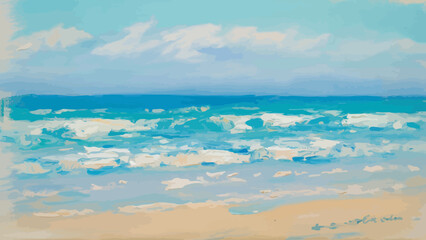 Beautiful beach scene painting showcasing ocean waves and a tranquil sky with soft colors ideal for relaxing backgrounds