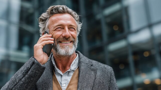 Mature businessman outside talking on cellphone near modern building, smiling and looking up, copy space for stock market
