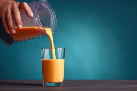 Hand Pouring a Fresh Smoothie into a Glass Against a Blue Background in a Dynamic Shot